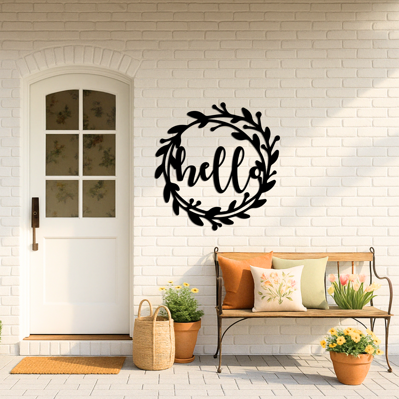 Hello Wreath Round Metal Sign